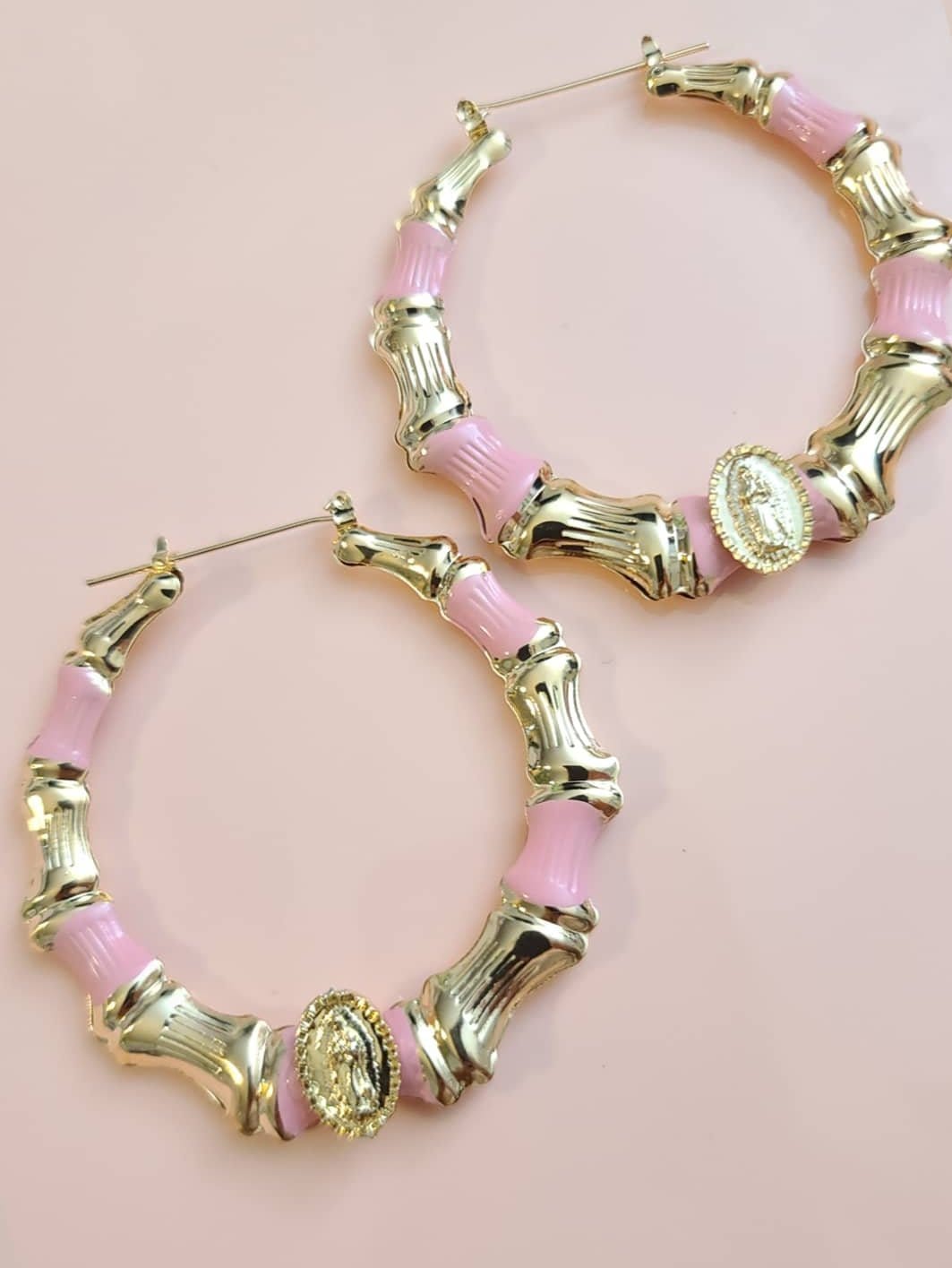 Virgen Pink Enamel Bamboo Hoops ilaments Jewelry